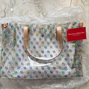 NWT Dooney & Bourke Multicolor DB Monogram Clear Tote with Beige Handles